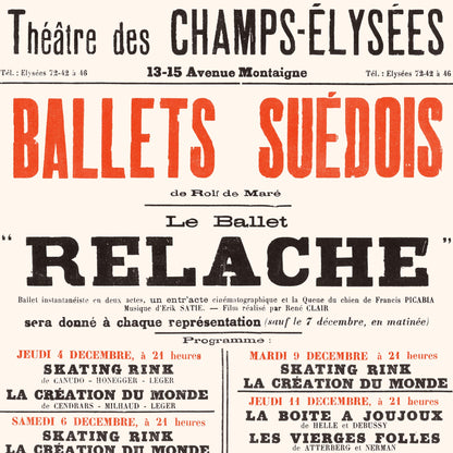 Affiche : Relâche, Ballet d'Erik Satie et Francis Picabia
